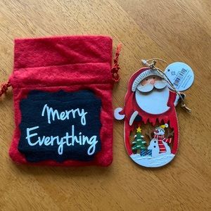Merry Everything gift bag 3.5”x5” under drawstring and wood Santa Ornament 5”